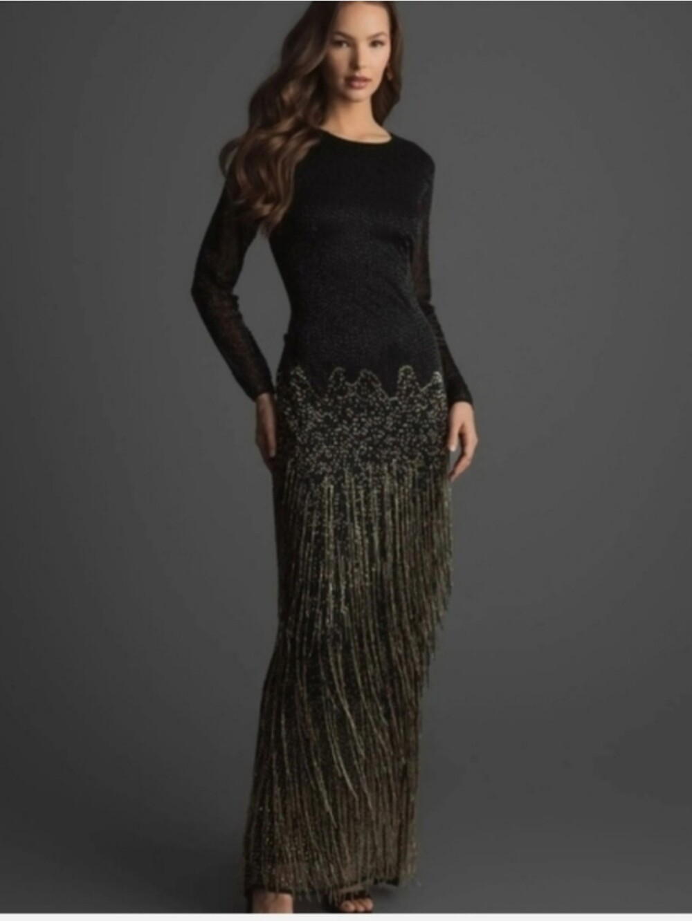 Mac Duggal Black Long SleeveBeaded Fringe Evening Gown Style Size 12 New